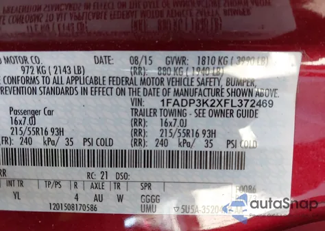 2015 Ford Focus Se z USA, uszkodzony, nr VIN 1FADP3K2XFL372469